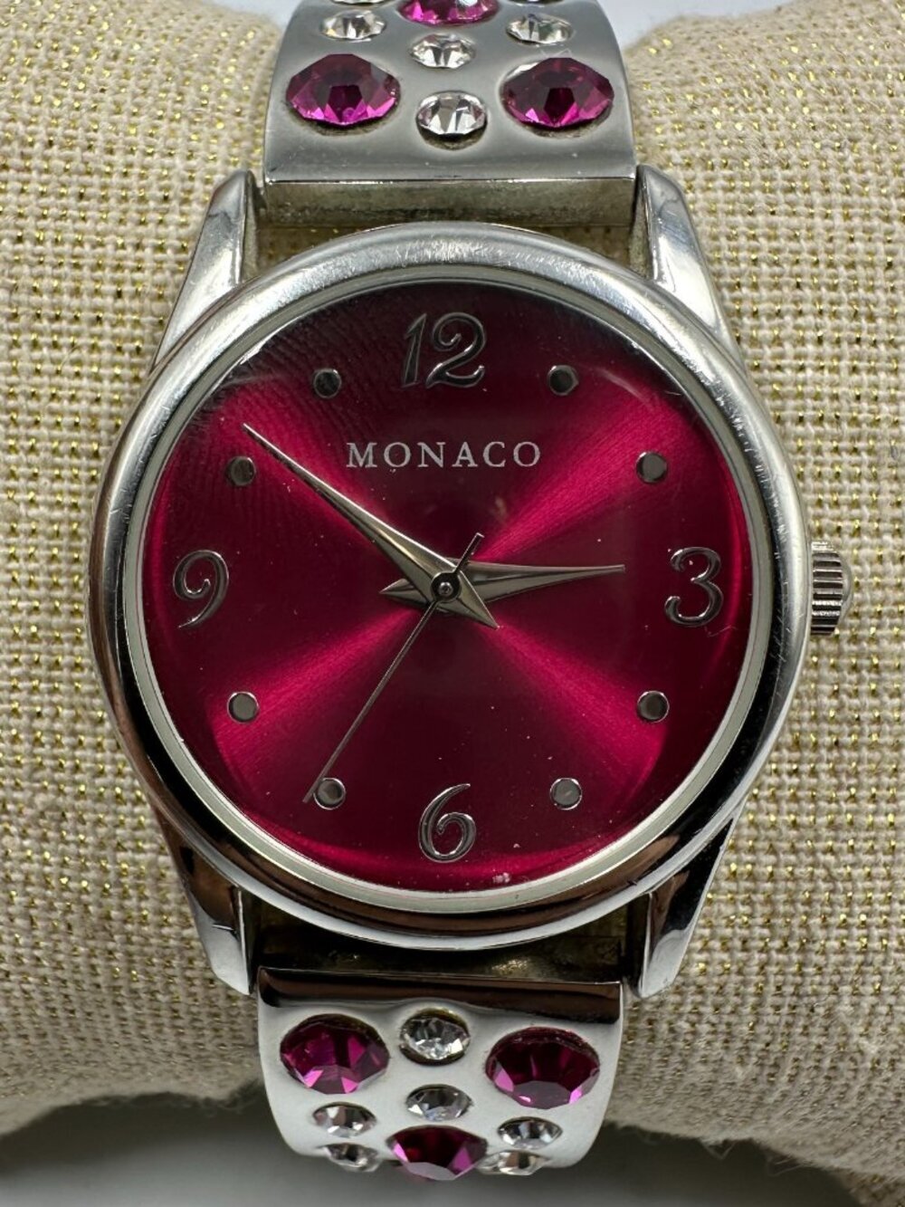 3/$30 Monaco Watch Women Pink Dial Silver Tone Rhinestone Stretch Band